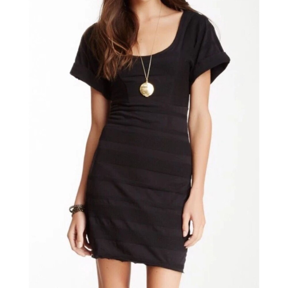 Free People Lunch Date Textured Shirt Dress Short Sleeves Mini Black Combo L EUC